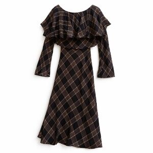 ZARA Plaid Ruffle Layered Wool Blend Midi Dress XL Check Boho Romantic